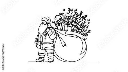 santa holding a sack of toys one line illustration one line illustration