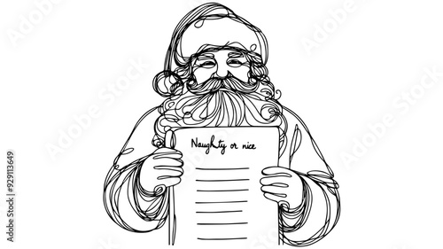 Santa holding his famous naughty or nice list  one line illustration