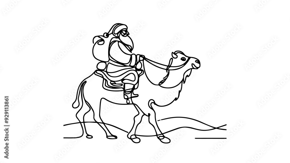 Fototapeta premium one line illustration of santa riding a camel 