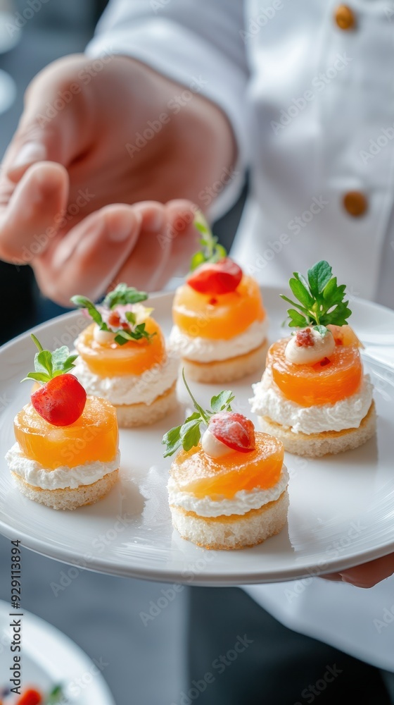 A chef presents elegant appetizers topped with vibrant orange and garnished with herbs, perfect for gourmet dining. A chef presents elegant appetizers topped with vibrant orange and garnished with herbs, perfect for gourmet dining.