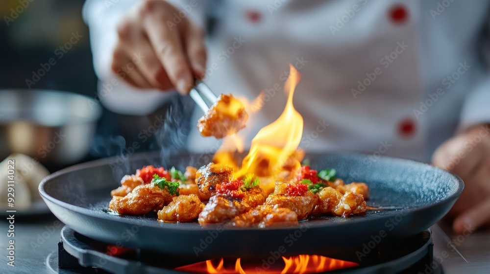 A chef skillfully preparing a delicious dish with flames, showcasing culinary art and vibrant ingredients in a dynamic kitchen setting. A chef skillfully preparing a delicious dish with flames, showcasing culinary art and vibrant ingredients in a dynamic kitchen setting.