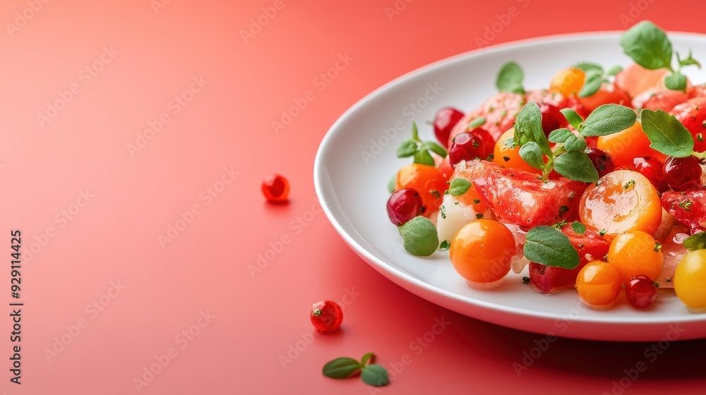 A colorful fruit salad featuring fresh slices of melon, berries, and herbs on a vibrant red background. A colorful fruit salad featuring fresh slices of melon, berries, and herbs on a vibrant red background.