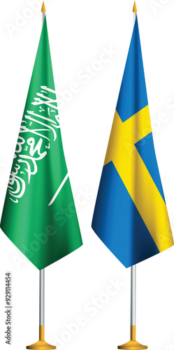Sweden,Saudi Arabia flags together.Swedish,KSA small table flags