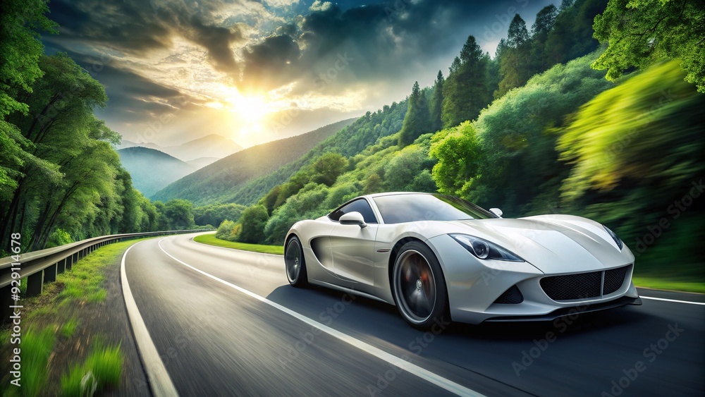 Fototapeta premium Sleek white luxury sports car speeds down a winding road surrounded by lush green trees and overcast skies, exuding power and sophistication.