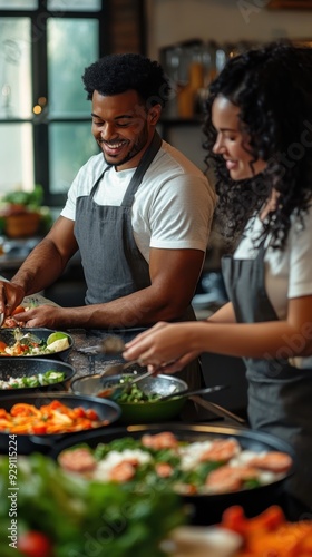 A man and woman prepare fresh ingredients while smiling in a warm kitchen ambiance