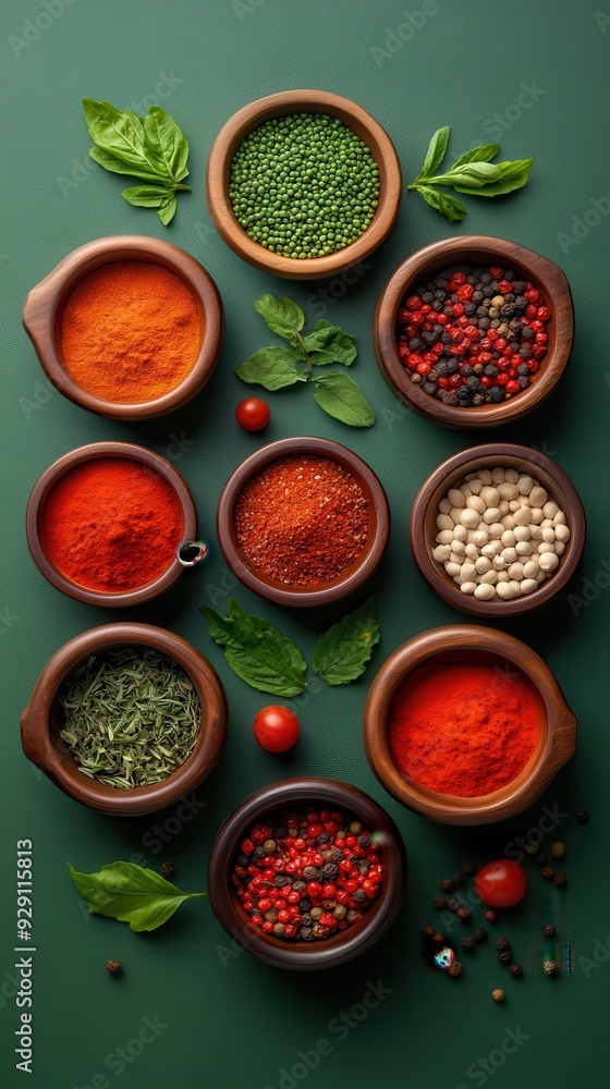 A vibrant arrangement of spices in wooden bowls, showcasing colorful powders, herbs, and greens on a green background. A vibrant arrangement of spices in wooden bowls, showcasing colorful powders, herbs, and greens on a green background.