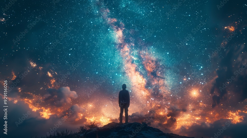 Silhouette of a man standing under the colorful twinkling night sky on a hill. While looking at the stars and various celestial objects. Silhouette of a man standing under the colorful twinkling night sky on a hill. While looking at the stars and various celestial objects.