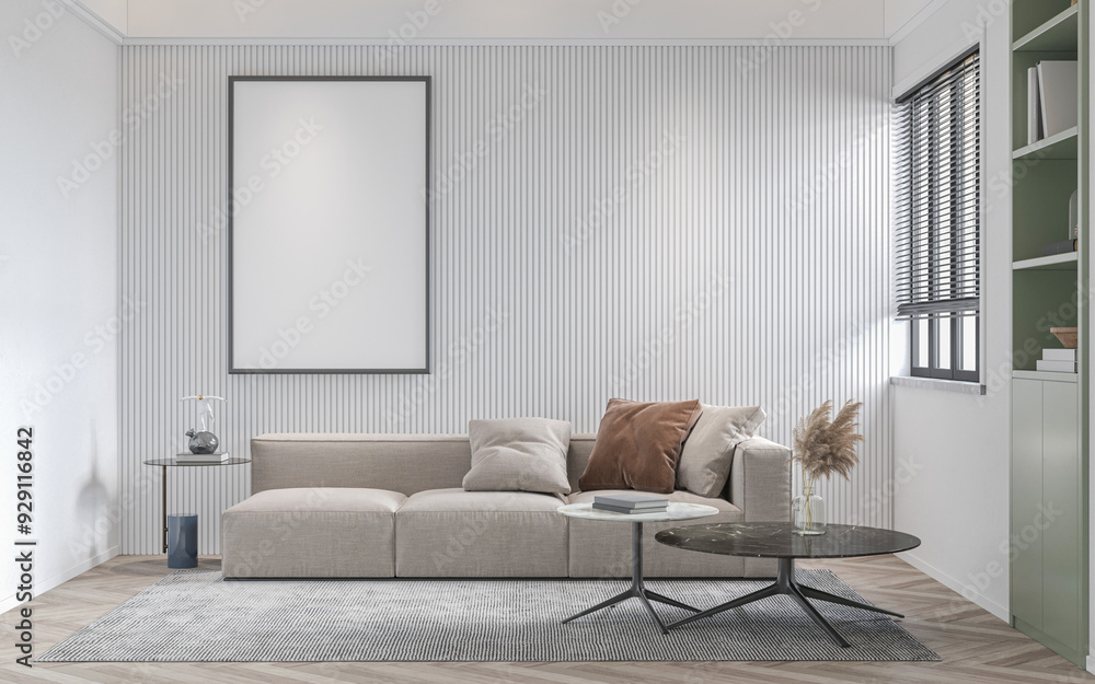 Fototapeta premium mock up poster frame in interior background, living room. 3D render, 3D illustration