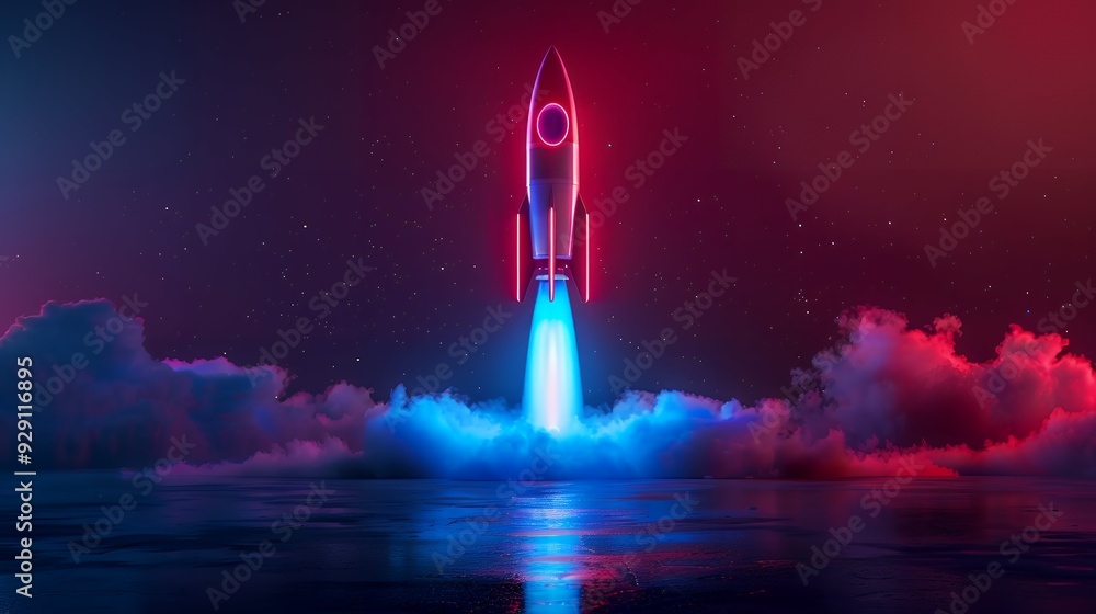Fototapeta premium Colorful rocket launching with neon light and smoke