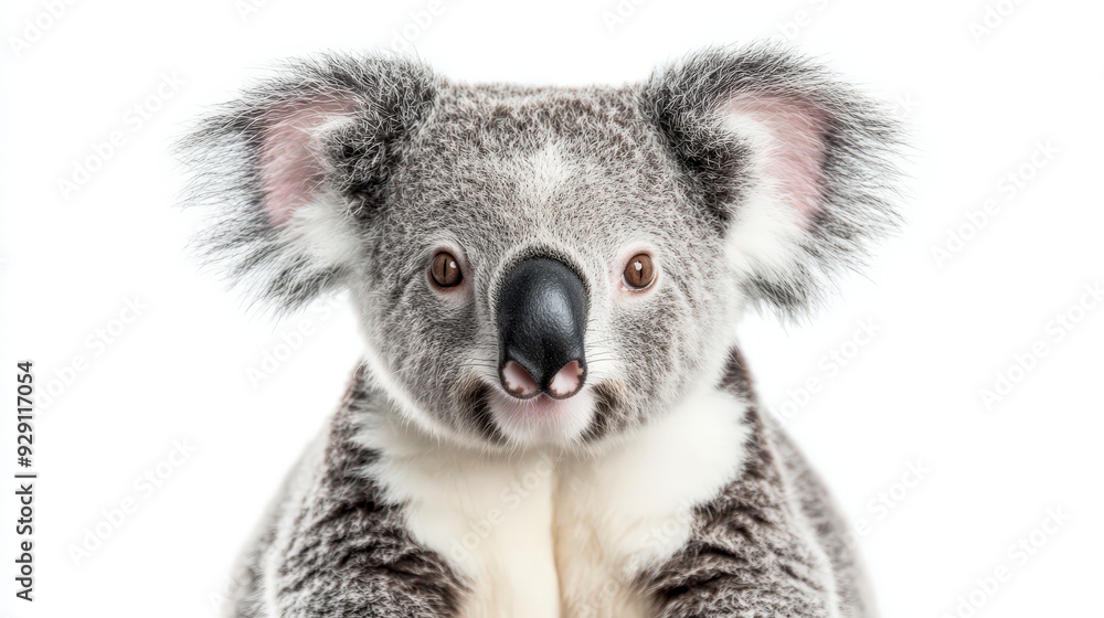 A close-up of a koala with fluffy ears and a distinctive nose against a white background. A close-up of a koala with fluffy ears and a distinctive nose against a white background.