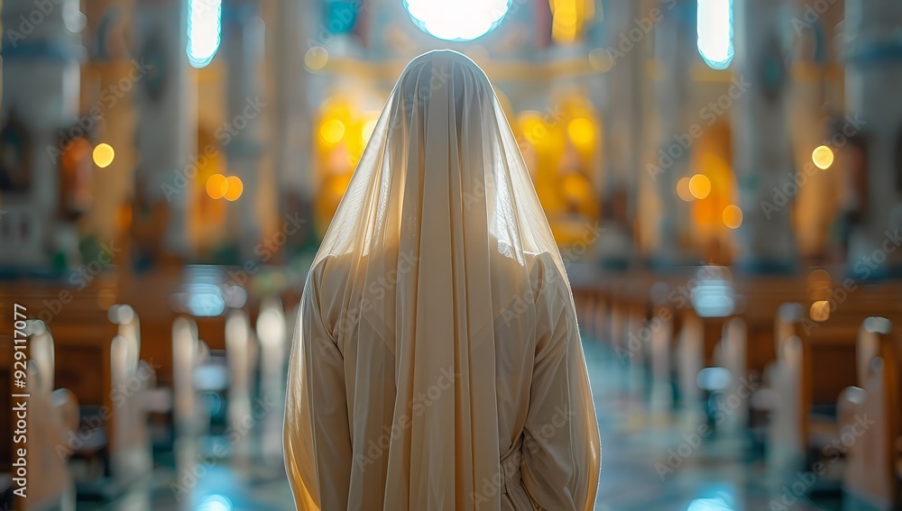 A nun with a white veil standing in the church, back view, blurred background A nun with a white veil standing in the church, back view, blurred background