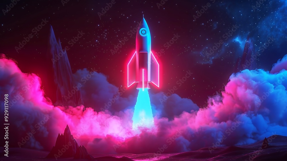Fototapeta premium Colorful rocket launching with neon light and smoke