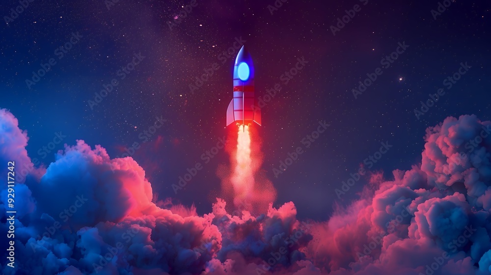 Colorful rocket launching with neon light and smoke Colorful rocket launching with neon light and smoke