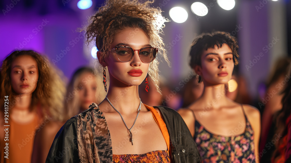 At the fashion show finale, models showcase trendy and modern women's outfits with stylish clothing. At the fashion show finale, models showcase trendy and modern women's outfits with stylish clothing.