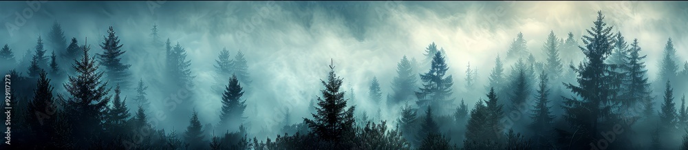 A panoramic view of an evergreen forest shrouded in mist, creating a mysterious and ethereal atmosphere. A panoramic view of an evergreen forest shrouded in mist, creating a mysterious and ethereal atmosphere.