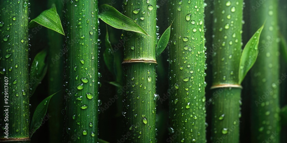 Dew-Covered Green Bamboo Stalks Dew-Covered Green Bamboo Stalks