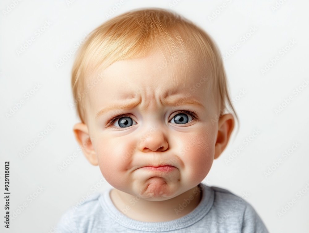 Pretty frowned little child on neutral background with copyspace Pretty frowned little child on neutral background with copyspace