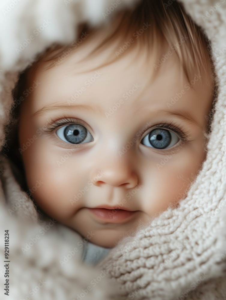 Pretty little child blue eyed Baby in warm blanket emotion on neutral background with copyspace Pretty little child blue eyed Baby in warm blanket emotion on neutral background with copyspace