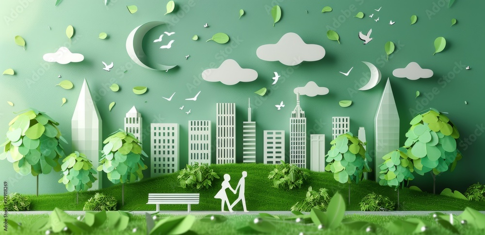 Paper art style green city with white buildings, trees, and birds Paper art style green city with white buildings, trees, and birds