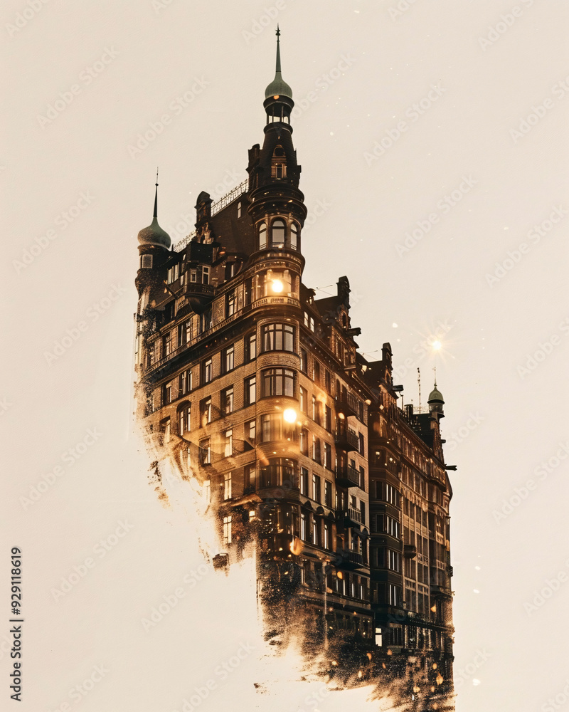 Fototapeta premium Hamburg Skyline Silhouette Double Exposure Poster - A building with a tower