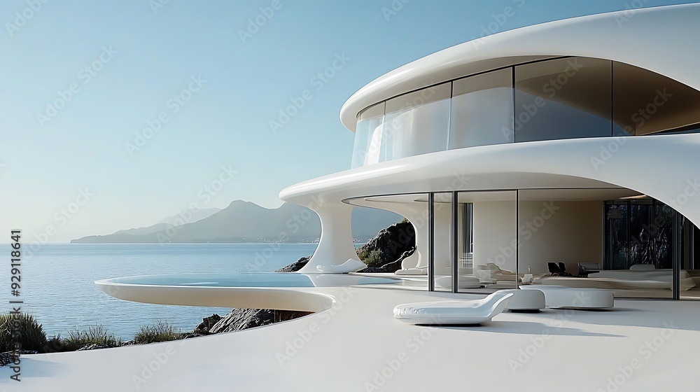 Fototapeta premium Modern Futuristic Beach House with Sleek Design and Oceanfront Views at Sunset