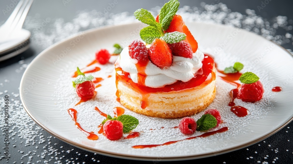Delicious dessert featuring fluffy cake topped with cream, strawberries, raspberries, and mint on a stylish plate. Delicious dessert featuring fluffy cake topped with cream, strawberries, raspberries, and mint on a stylish plate.