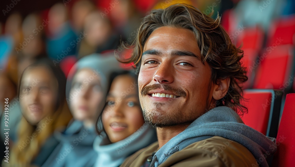 A happy Mexican student sitting in the auditorium, smiling at his surroundings while other students sit around him, sitting in red chairs A happy Mexican student sitting in the auditorium, smiling at his surroundings while other students sit around him, sitting in red chairs