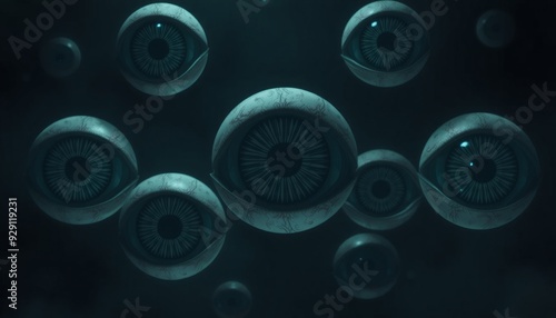 Multiple eyes floating in dark void each eye filled with different chaotic pattern photo