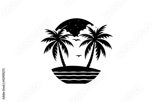 Beach with black palms tree silhouette and sunset vector art illustration photo