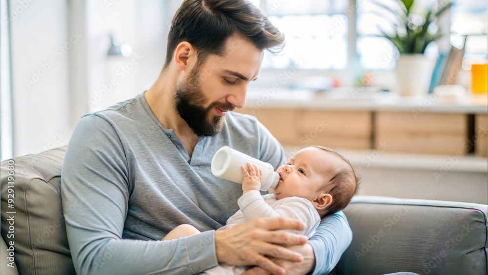 father feeding bottle to his baby at home