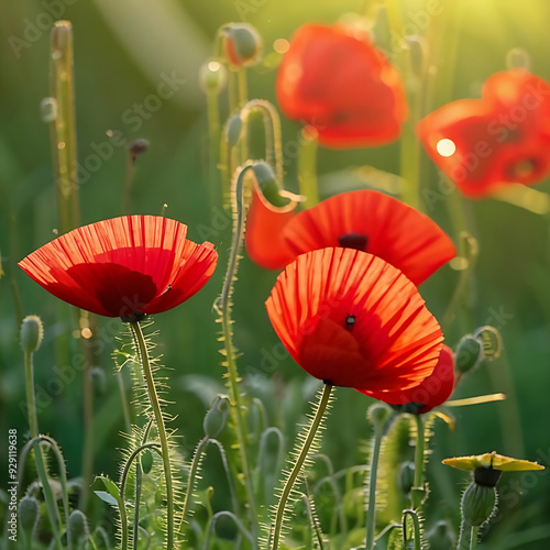 Red poppies growing in a green field. Flowers, spring photo