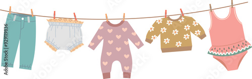 Toddler clothes drying. Child textile hanging on rope
