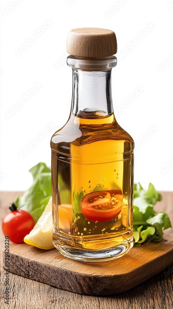 Glass bottle of natural oil with tomato, lemon, and lettuce on a wooden board, perfect for healthy cooking and salad dressing. Glass bottle of natural oil with tomato, lemon, and lettuce on a wooden board, perfect for healthy cooking and salad dressing.