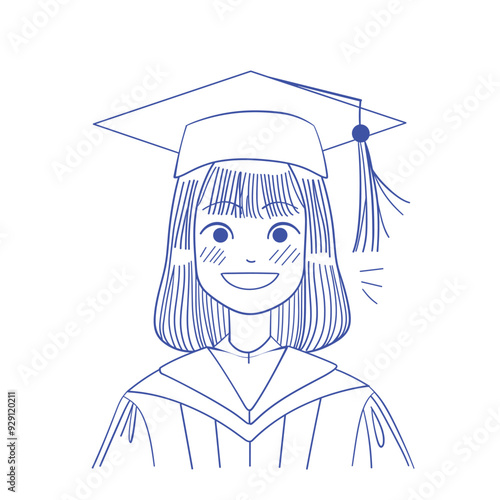 A joyful cartoon girl wearing a graduation cap, smiling brightly with a sense of achievement