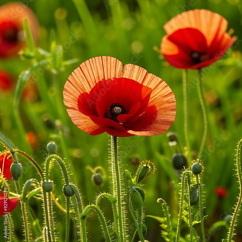 Red poppies growing in a green field. Flowers, spring photo