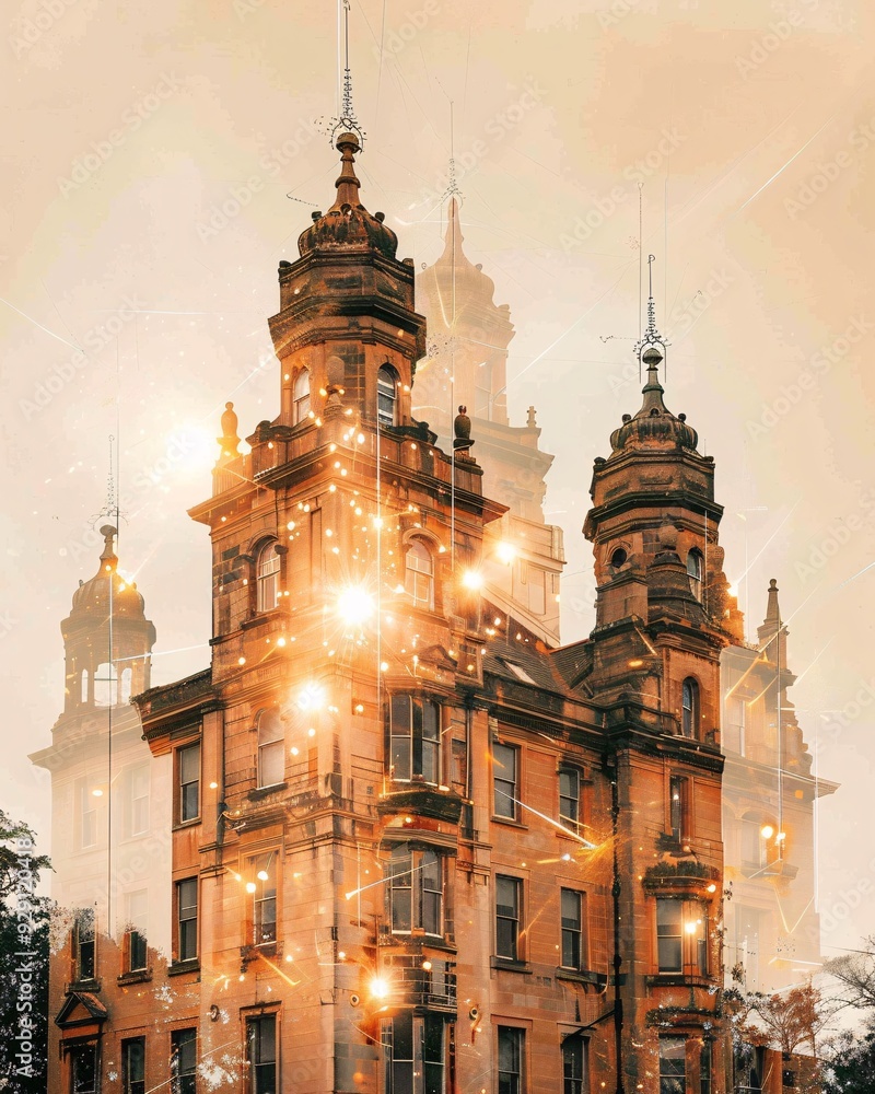 Obraz premium Orkney Mainland Skyline Double Exposure Composite Art - A building with many towers