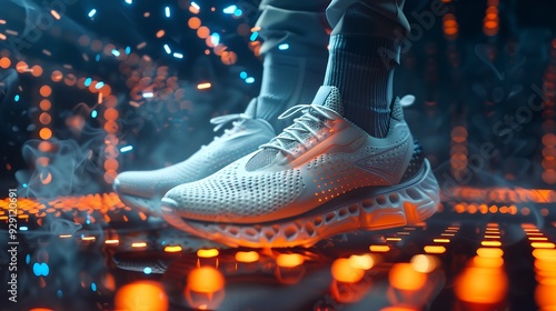 Close-up of a sneakered foot on a treadmill, with glowing digital elements suggesting fitness tracking, running, and technology integration in exercise photo