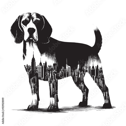 silhouette of Beagle, filled with cityline in rough drawing,