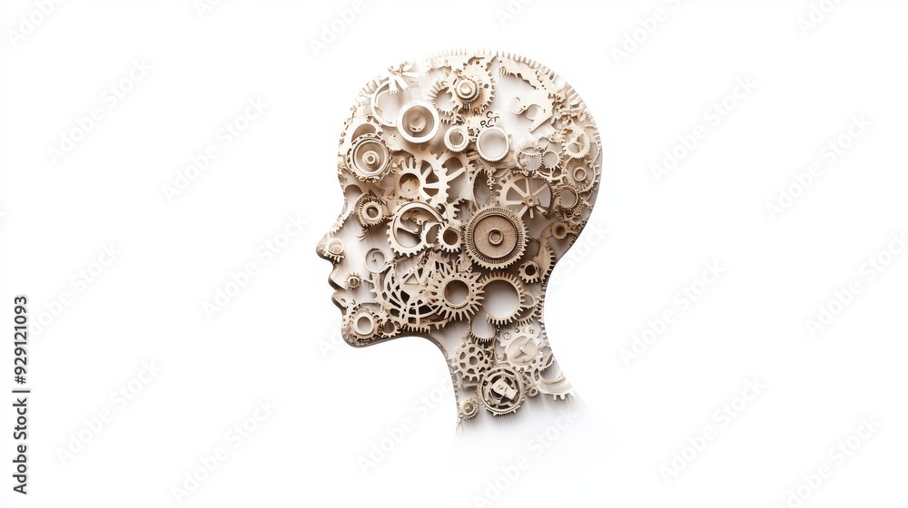 Technological gears are placed in an empty human head shape, isolated against a white background. Technological gears are placed in an empty human head shape, isolated against a white background.