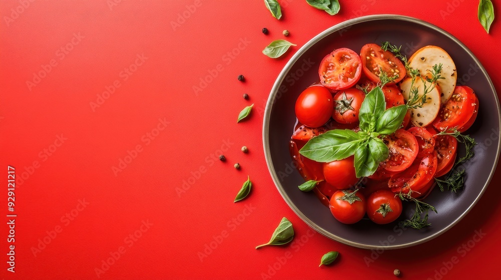 Vibrant plate of fresh tomatoes and basil on a red background, perfect for culinary inspiration and healthy eating. Vibrant plate of fresh tomatoes and basil on a red background, perfect for culinary inspiration and healthy eating.