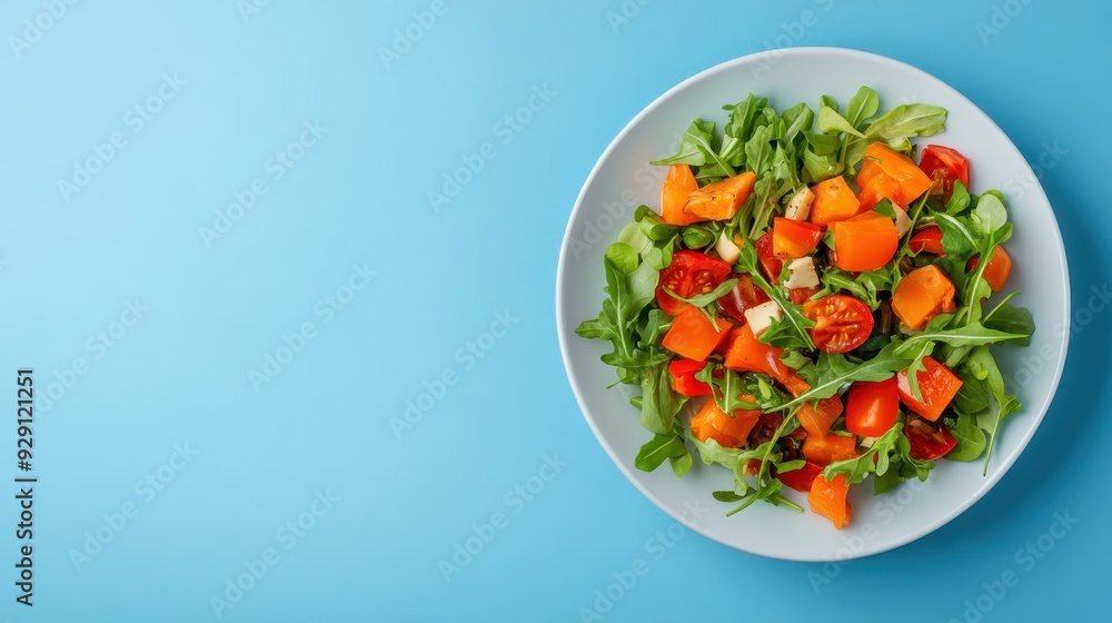 Vibrant salad featuring fresh greens, tomatoes, and squash, served on a light blue background for a colorful, healthy meal. Vibrant salad featuring fresh greens, tomatoes, and squash, served on a light blue background for a colorful, healthy meal.