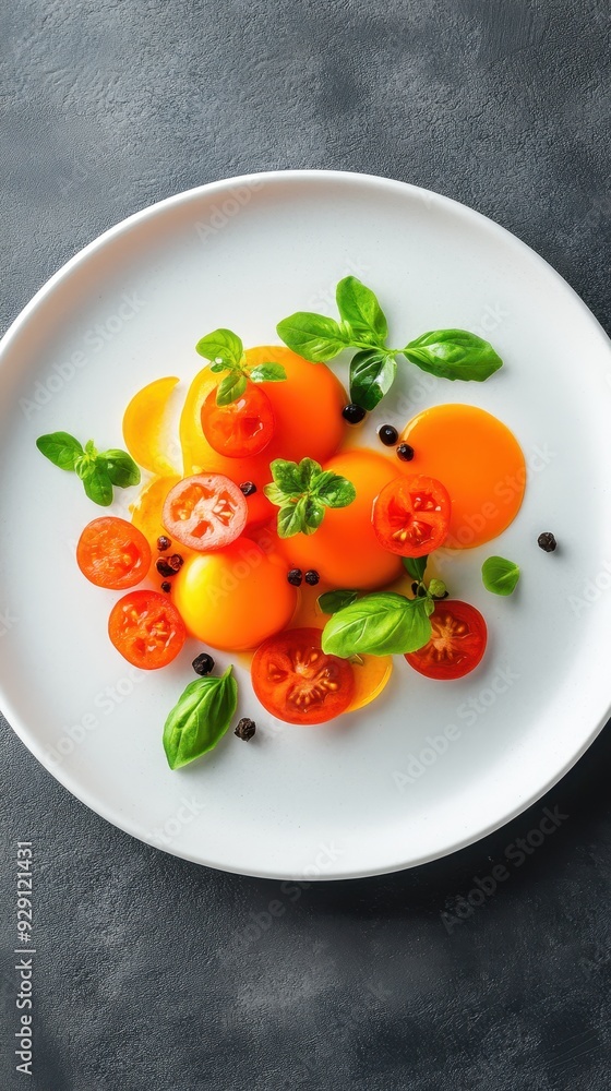 Vibrant salad featuring ripe tomatoes, fresh herbs, and colorful melon balls on a sleek white plate. Vibrant salad featuring ripe tomatoes, fresh herbs, and colorful melon balls on a sleek white plate.