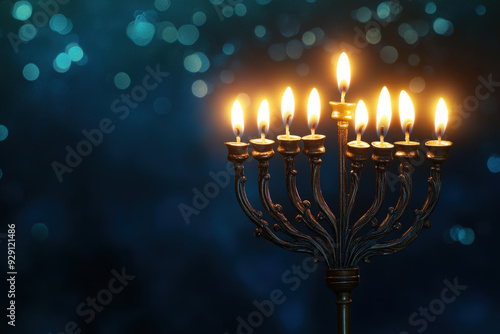 Menorah with burning candles is celebrating the jewish holiday of hanukkah