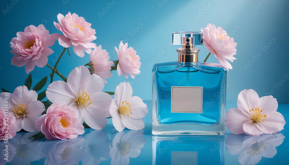 Minimal Perfume Bottle with Flowers on Water Neon Blue Color Palette with High-Contrast Lighting, Glass Refraction, and Glossy Finish Perfect for Luxury Beauty and Fragrance Branding Minimal Perfume Bottle with Flowers on Water Neon Blue Color Palette with High-Contrast Lighting, Glass Refraction, and Glossy Finish Perfect for Luxury Beauty and Fragrance Branding