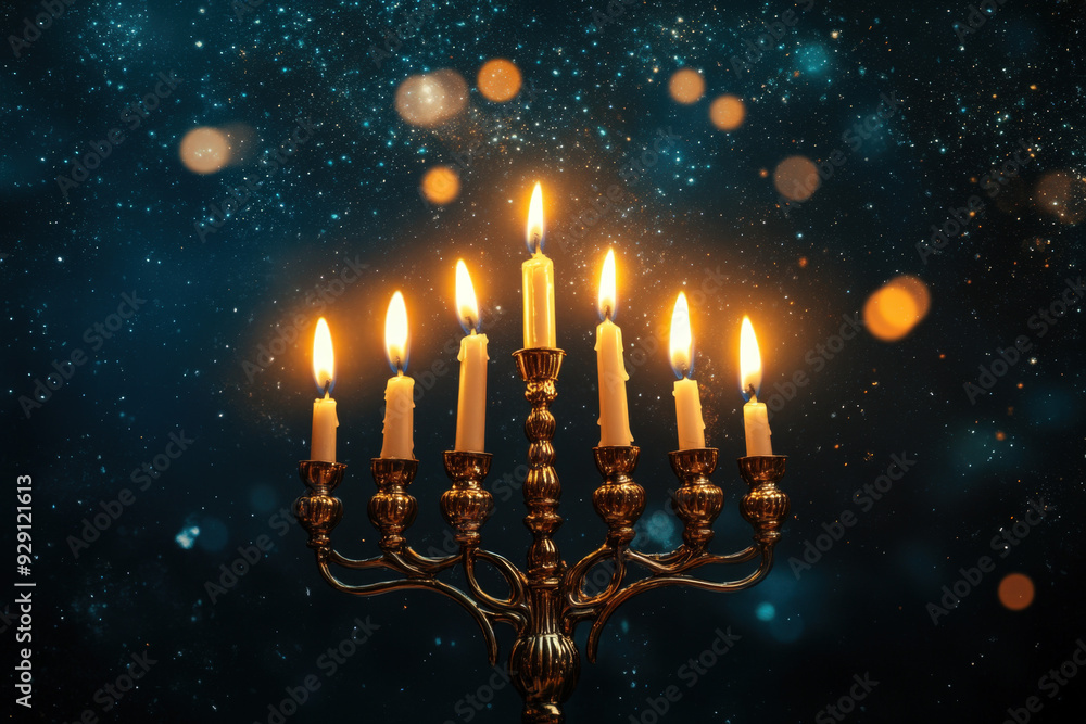 Fototapeta premium Golden menorah with burning candles celebrating hanukkah festival over a sparkling blue background