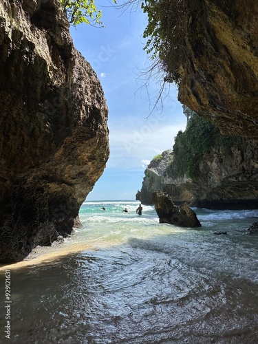 Rocky beach and ocean in Suluban Beach, Uluwatu, Bali, Indonesia photo