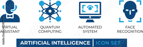 Artificial Intelligence Icon Set featuring Virtual Assistant, Quantum Computing, Automated System, and Face Recognition. Perfect for tech presentations, websites, and apps. Editable vector graphics