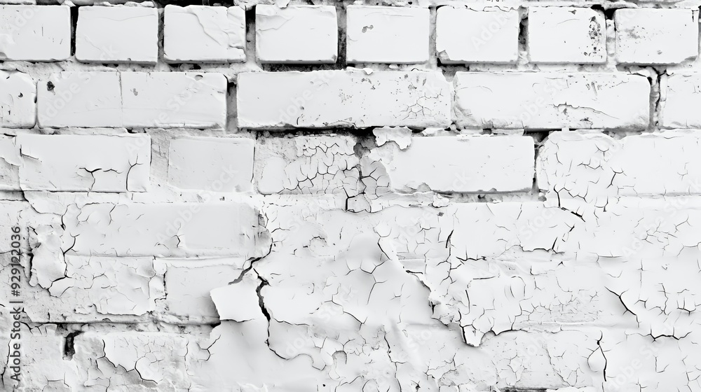 Obraz premium A close-up of a weathered white brick wall with peeling paint and cracks.