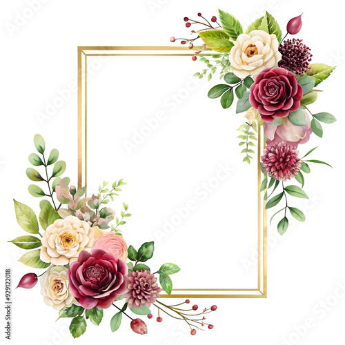 Fototapeta Naklejka Na Ścianę i Meble -  Vertical floral frame with pink and burgundy roses on gold outline. Elegant and invitations, digital art, and designs. Empty Frame.