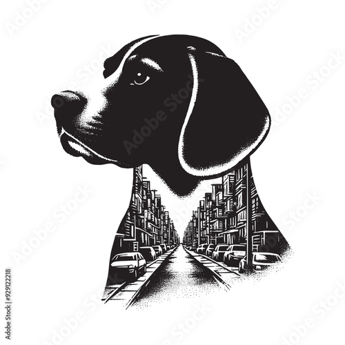 silhouette of Beagle, filled with ghetto street in rough drawing,